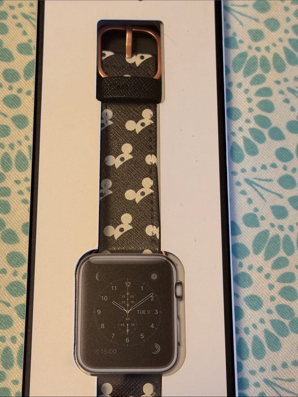 Casetify Black iWatch 38mm Band with White Mouse Ears and Rose Gold Buckle